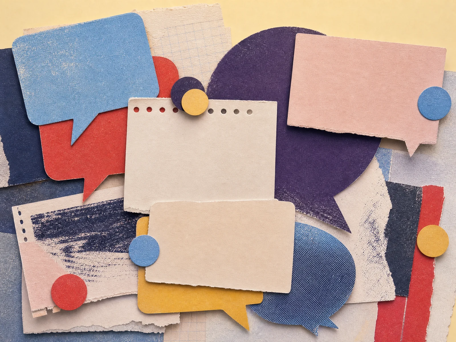 Layered speech-shape cutouts representing audience research
