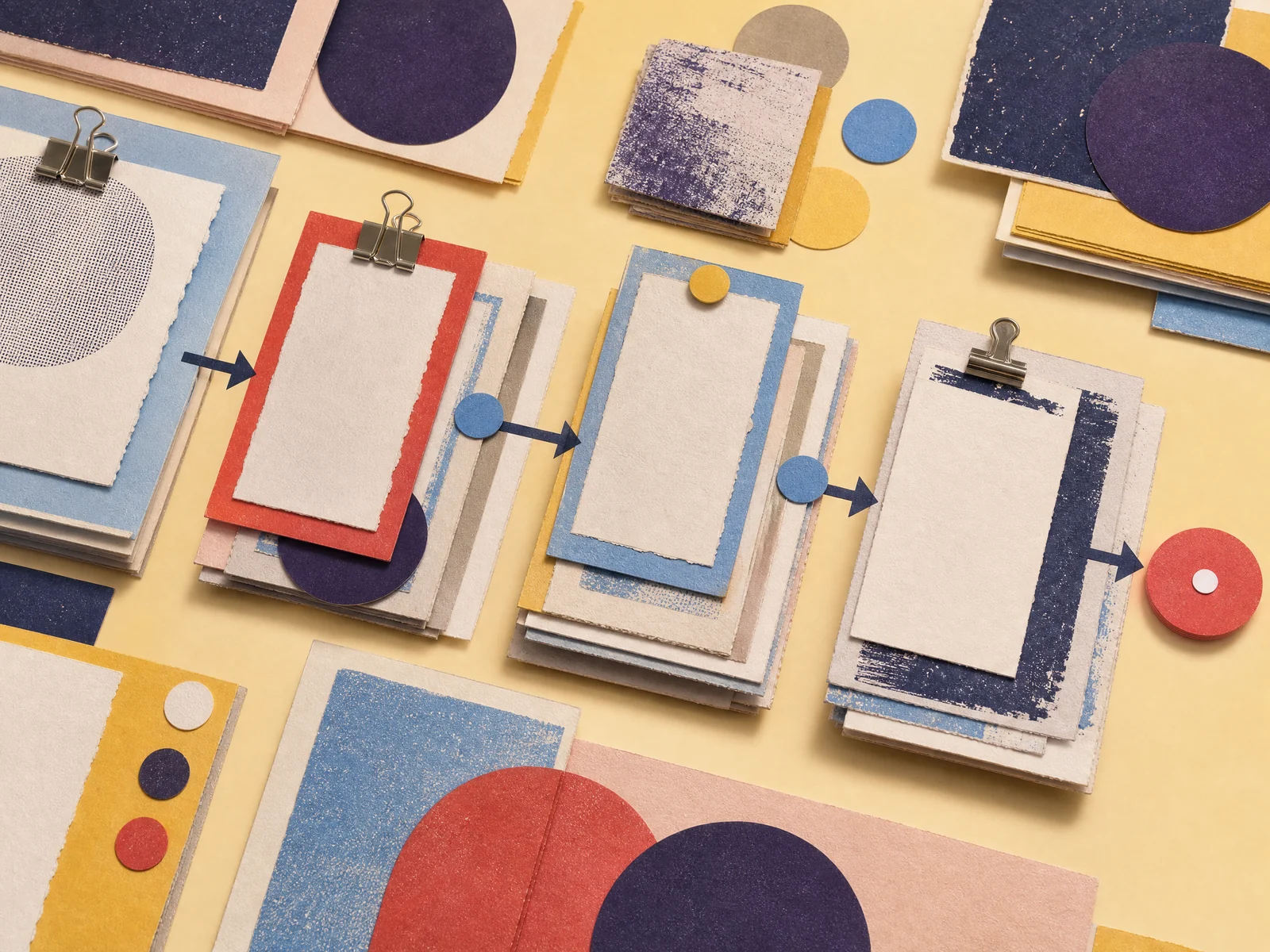 Layered paper components moving through review gates