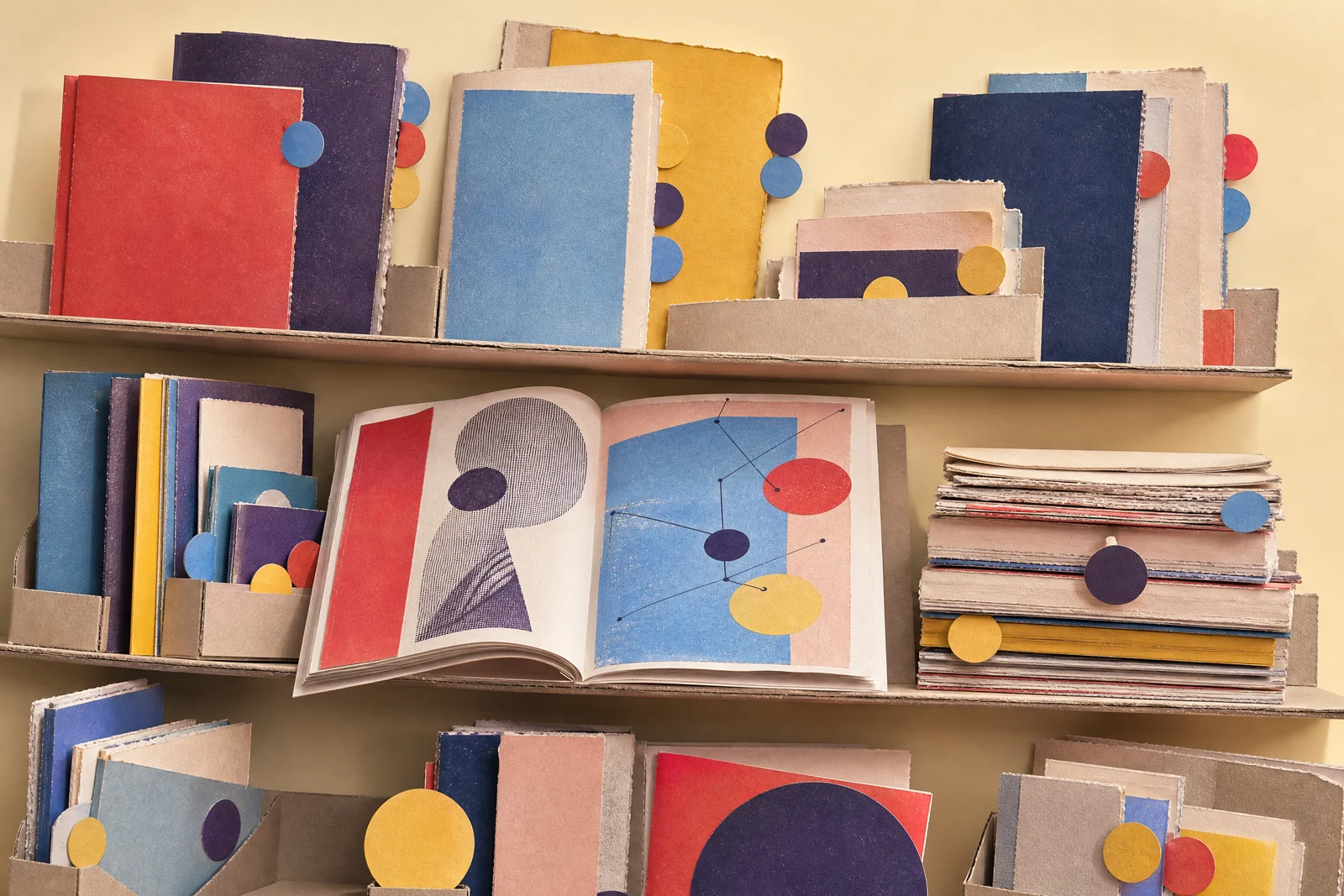 Colourful blank article folios arranged in a reading archive